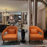 Beige Leather Sofa Set with Button Tufting Craftsmanship, Natural Wood Veneer & Orange Quilted Accents